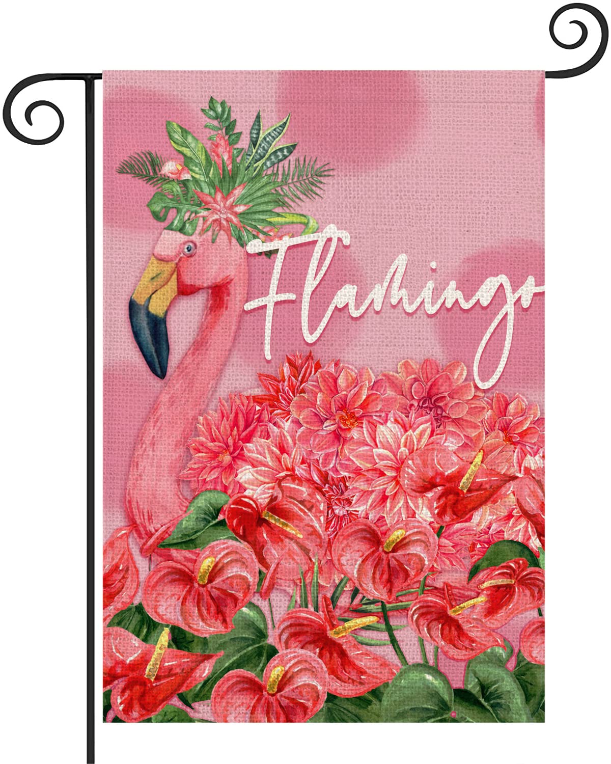 Smilyard Summer Pink Flamingo Garden Flag Vertical Double Sided Tropical Red Flower Hibiscus Green Palm Leaves Paradise Flamingo Flags Farmhouse Burlap Outside Yard Lawn Decoration 12.5 x 18 Inch