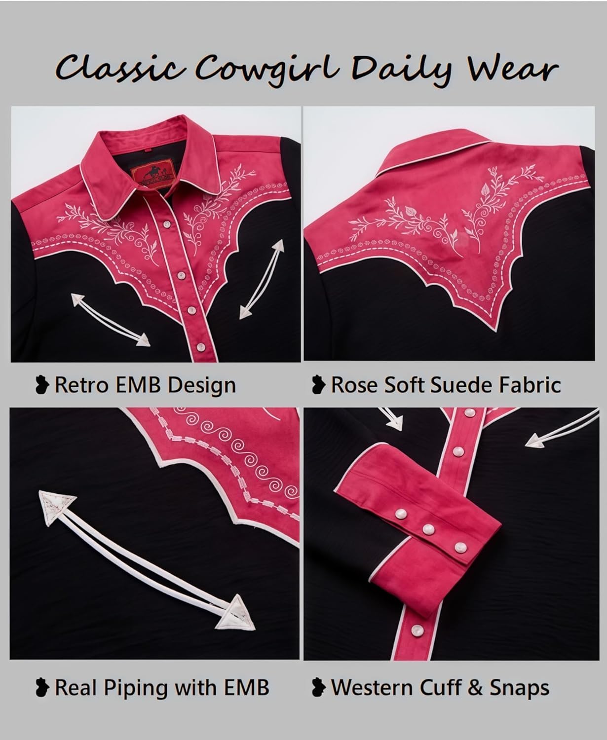 Women's Embroidered Western Cowgirl Snap Button Down Shirt with Stretch Long Sleeve Loose Blouse - Image 5