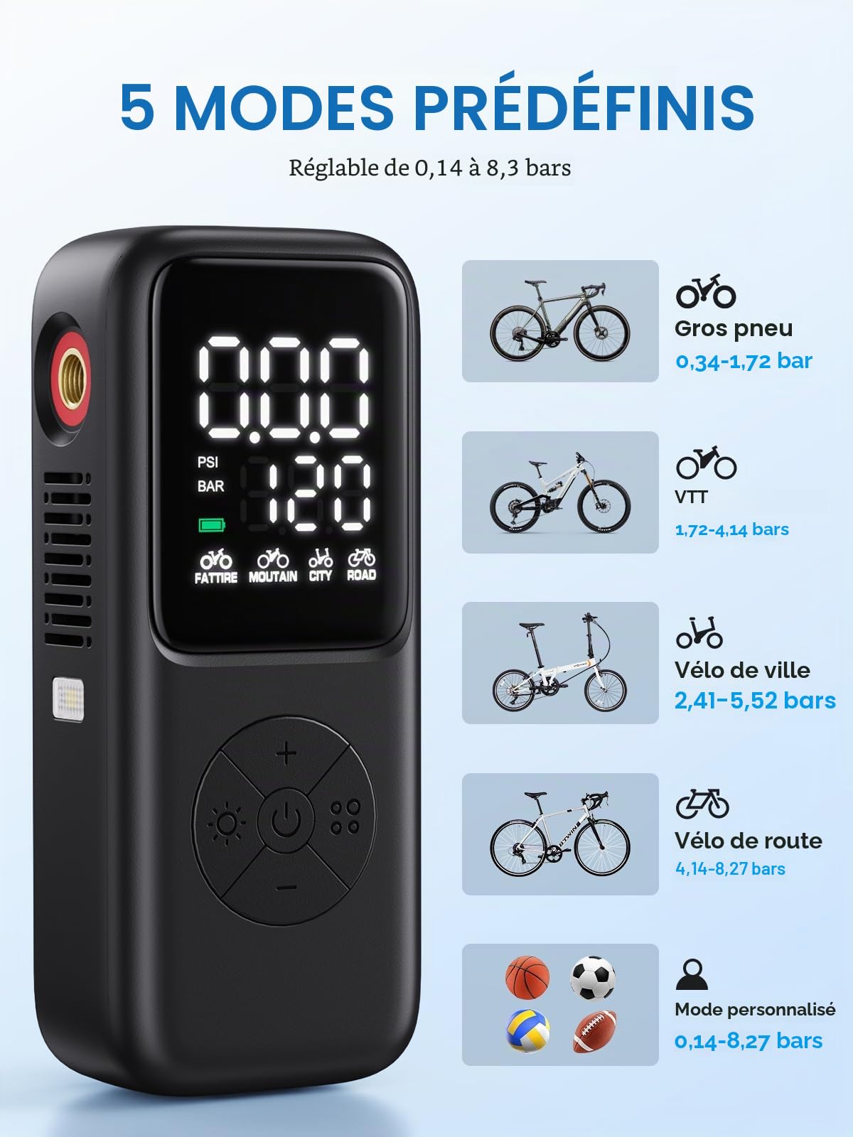 GPUTEK Mini Pompe à vélo électrique, 120 PSI avec jauge et 5 Modes préréglés pour Les valves Schrader et Presta, pour la Route, la Montagne, Le vélo de Ville et Les Gros pneus