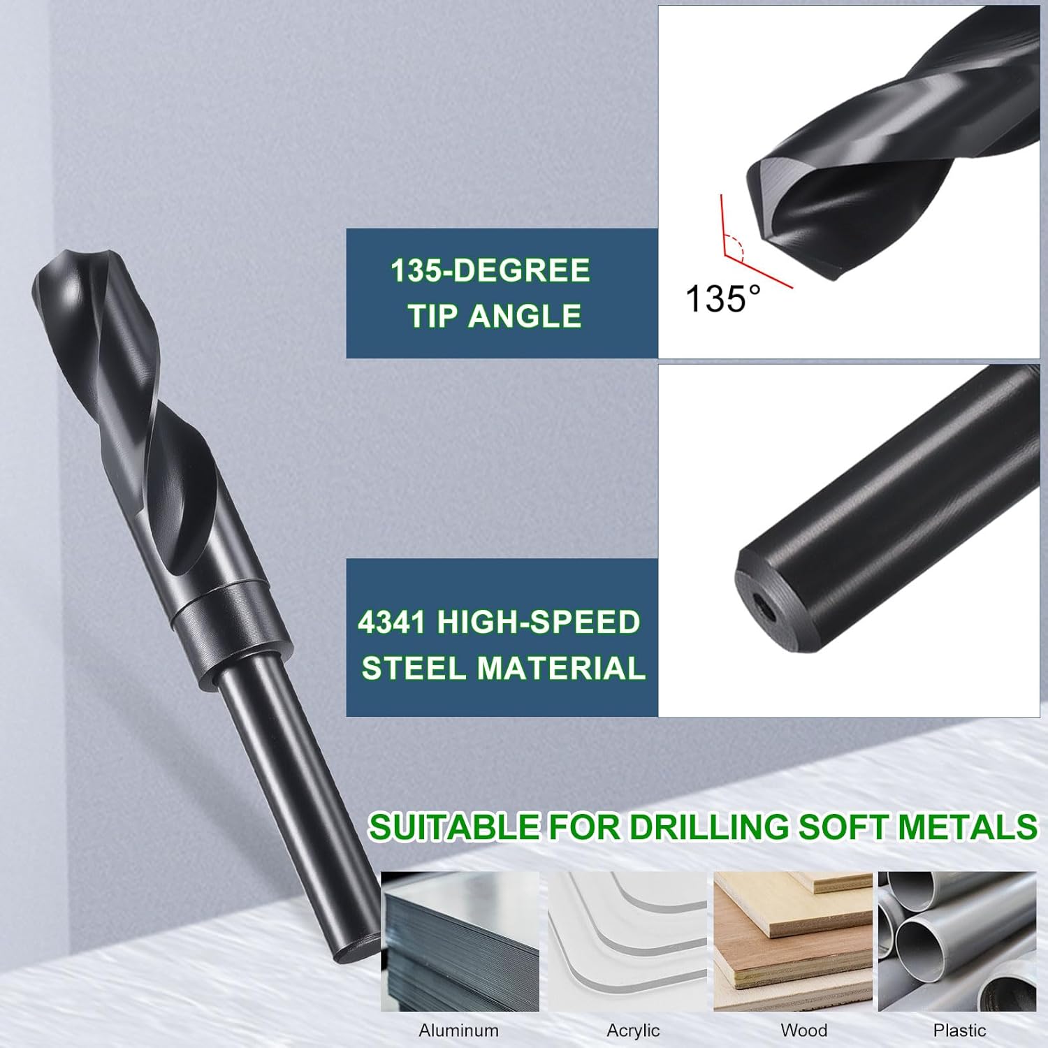 METALLIXITY Drill Bit (20mm), 1/2" Reduced Shank Round 4341 High-Speed Steel 135° Bits for Drilling Holes in Thin Metal Steel Wood Plastic Aluminum DIY Project