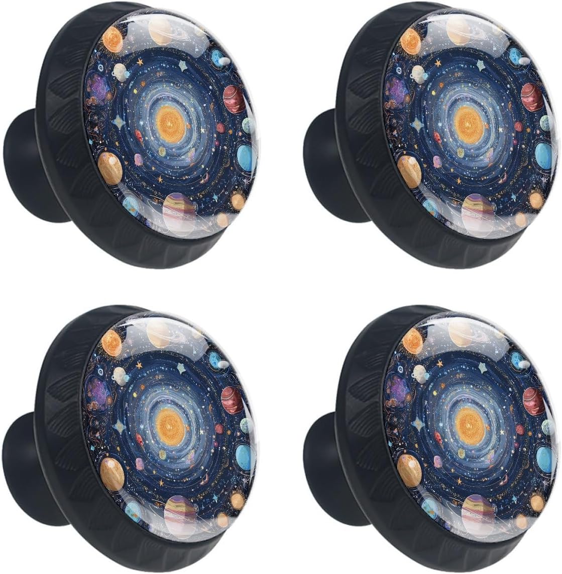4 Pack Space Planet Drawer Knobs, Glass Surface Black Handle Dresser Drawer Pulls, Round Decoration Cabinet Hardware Pulls with Screws for Kitchen Cupboard Wardrobe