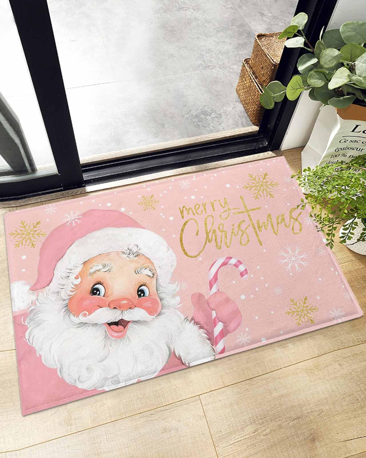 Christmas Pink Santa Claus Floor Door Mats Shag Carpet,Xmas Gold Foil Snowflake Non Slip Super Soft Bath Rugs,Winter Snow Shaggy Fuzzy Area Rug for