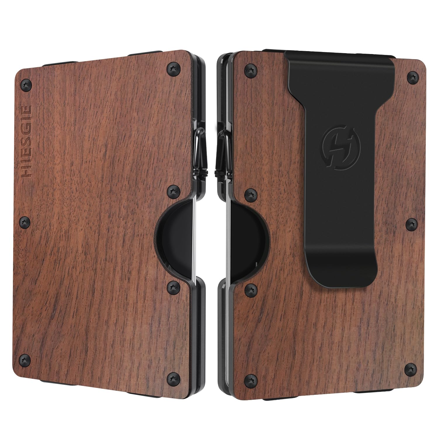 Minimalist Metal Wallet for Men - Walnut Wood - Slim Front Pocket Wallets with Removable Money Clip - Mens RFID BLOCKING Aluminum Small Credit Card Holder