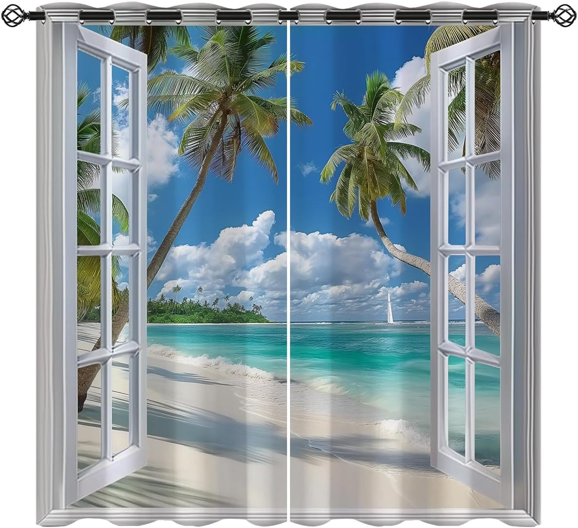 Beach Blackout Curtains for Girls Boys Teens Home Decor, Tropical Summer Scene Ocean Island Palm Tree Grommet Thermal Insulated Drapes Darkening Window Curtain for Bedroom Living Room, 42 x 45 Inch
