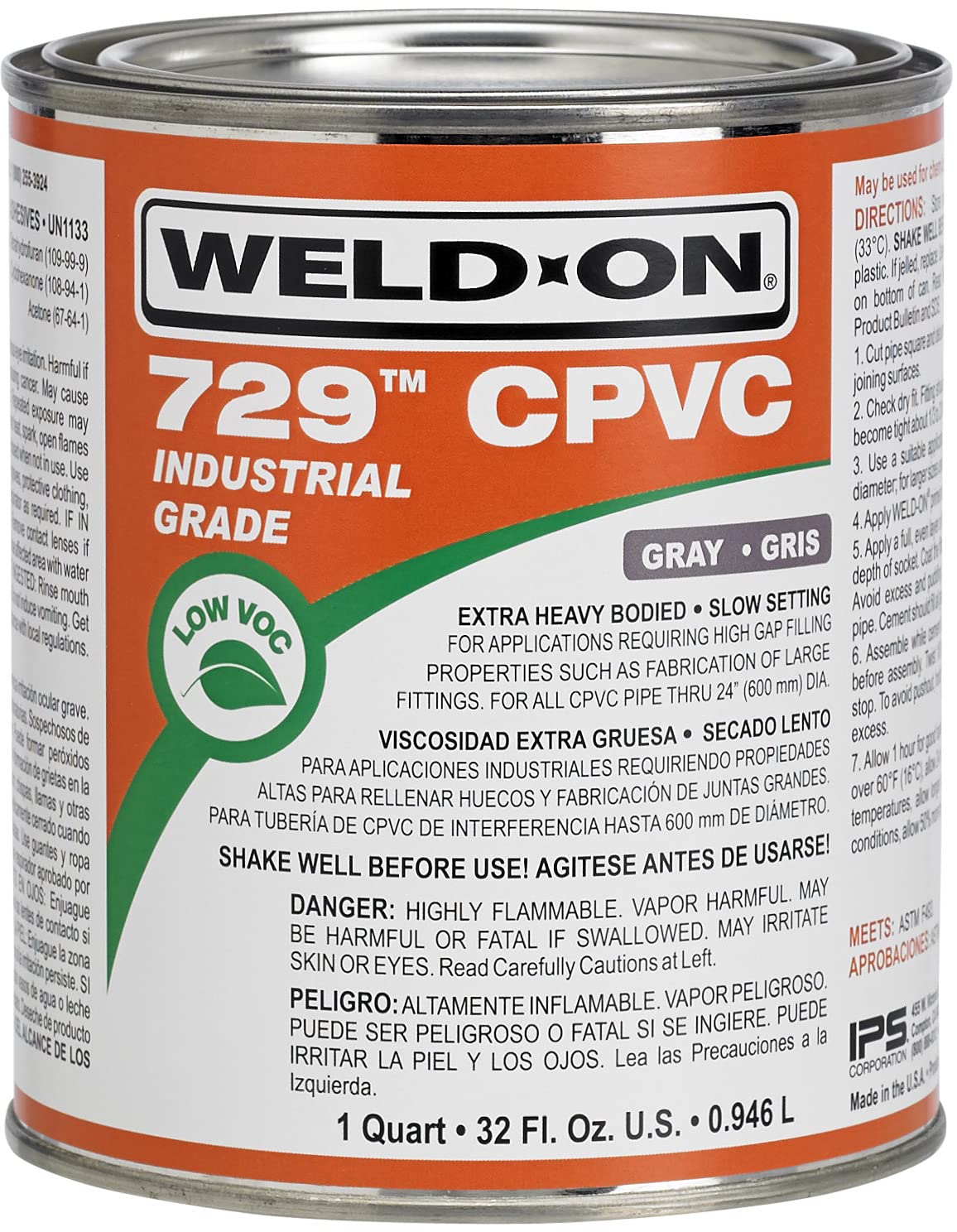 Weld-On 10845 729 CPVC Extra Heavy-Bodied Industrial Solvent Cement - Slow-Setting and Low-VOC, Gray, 1 Quart (32 fl oz)