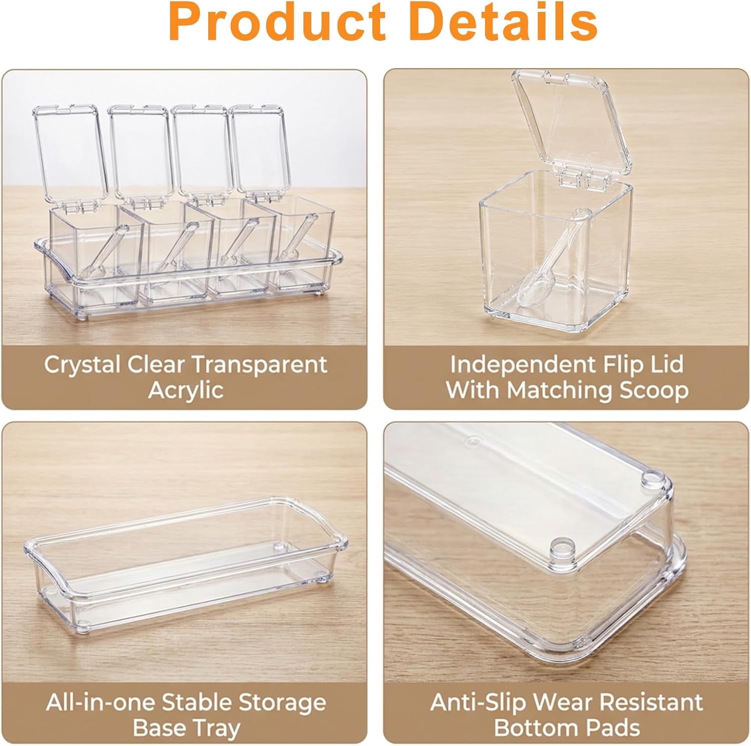 Clear Seasoning Box, 4 Piece Seasoning Rack Spice Pots