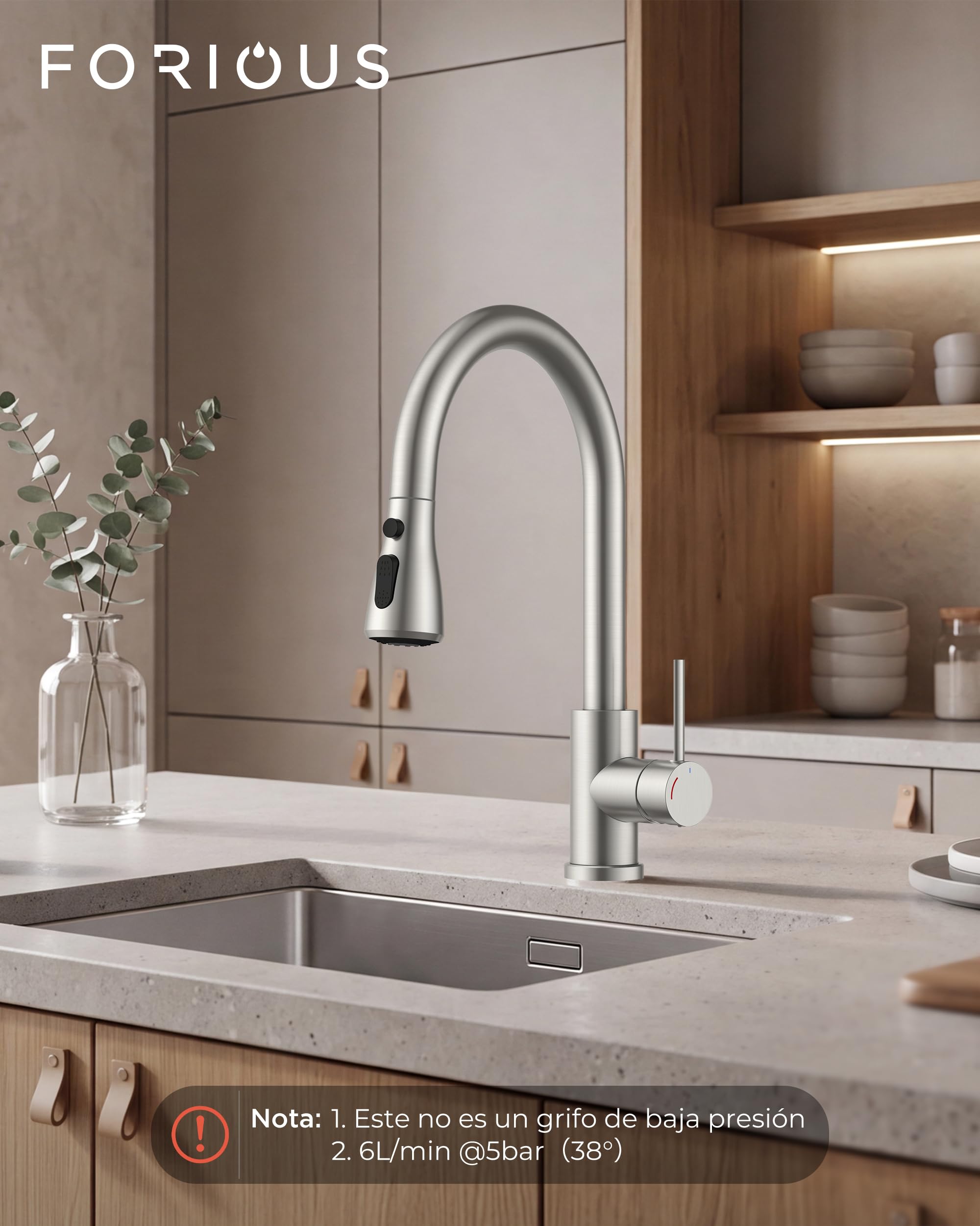 FORIOUS Grifo Cocina Extraíble Baja Presión, 2 Modos de Agua, Grifo Cocina Fregadero con 3 Conexiones para Calentador o Bajo Fregadero, Giro 360°, Acero Inoxidable, Palanca