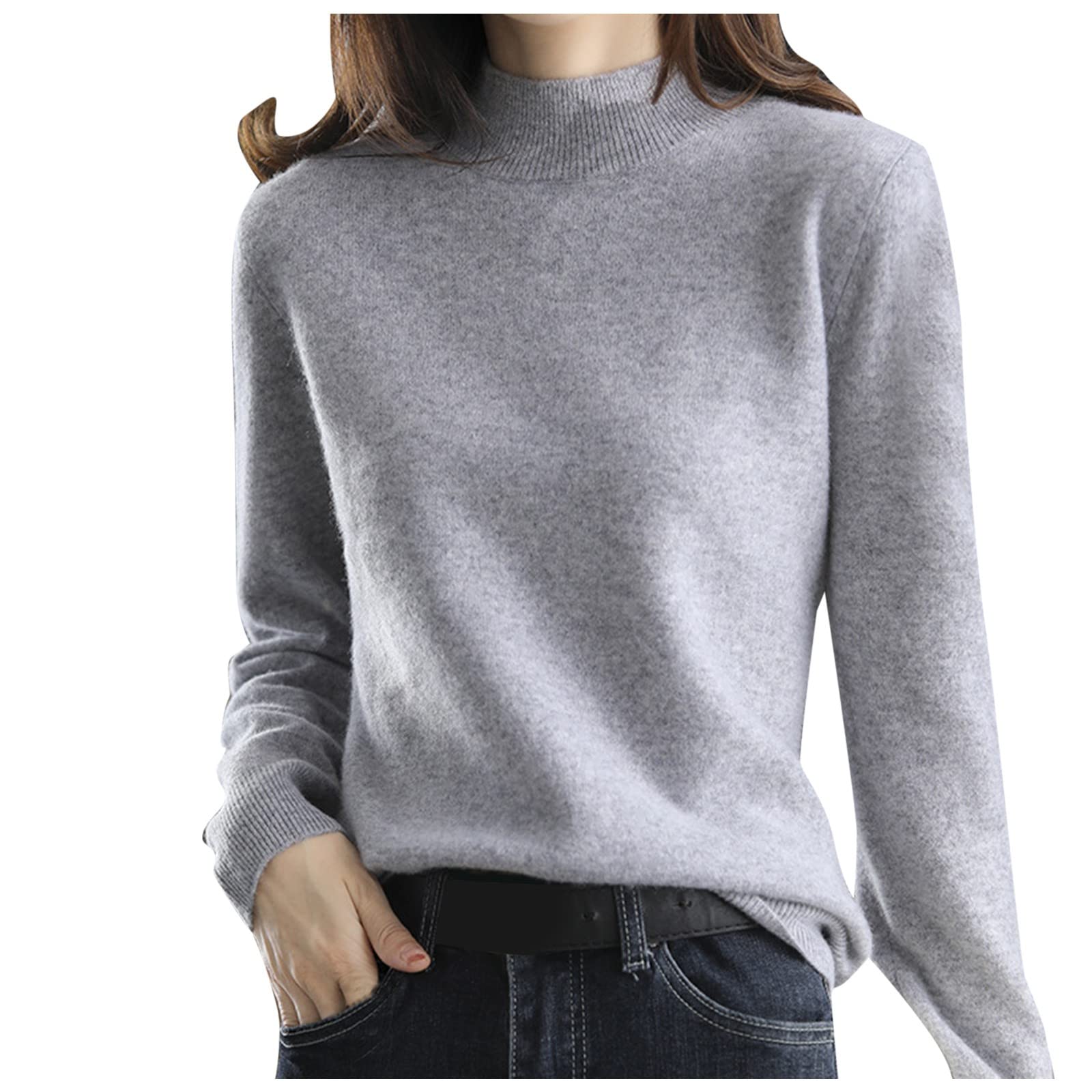 Cashmere Sweaters for Women Mock Neck Comfy Soft Long Sleeve Pullover Sweater Classic Fall Thin Solid Sweater Tops