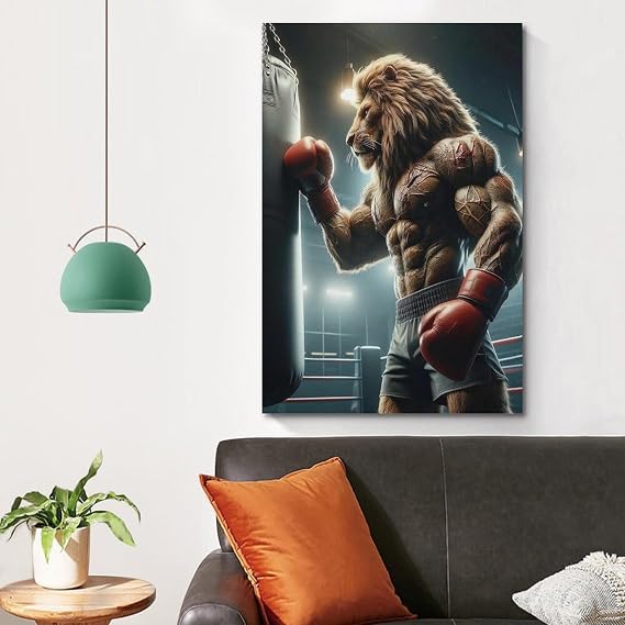 CWBUFD Animal Artwork Poster Boxing Lions Decorative Canvas Family Bedroom Artwork Picture Painting 24x36inch(60x90cm)