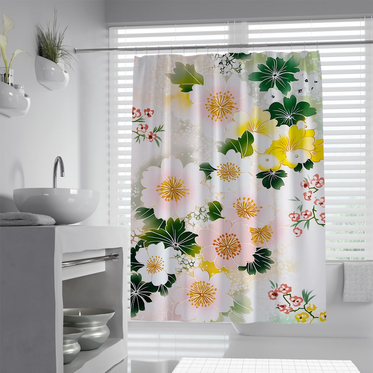 UIRINGART Vintage Oriental Blossom Shower Curtain W120xL200cm Pink Yellow Flower Green Leaf Anti Mould Quick Dry Bath Curtains For Bath Tub With Hooks
