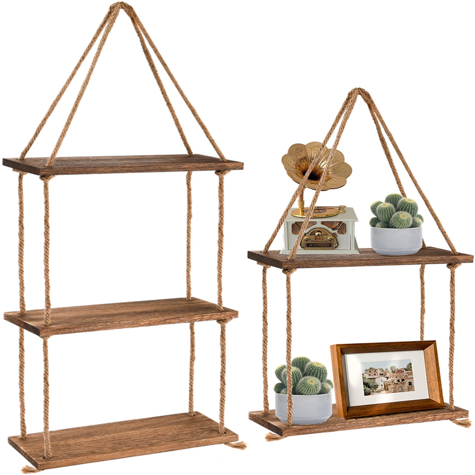 ZOOFOX Set of 2 Wood Hanging Shelf, 2 Tier and 3 Tier Jute Rope Wall Hanging Floating Shelf