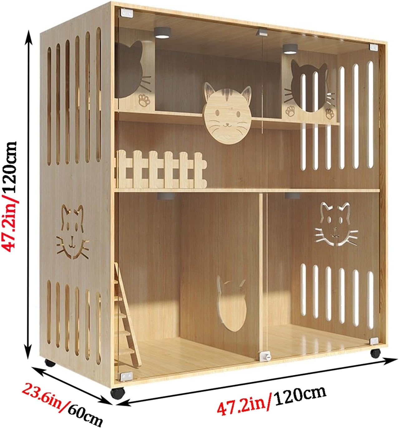 Cat Cage, Double-sided ventilation Cat Playpen, Solid wood extra large space, High-definition tempered glass, Suitable for 1-2 cats to exercise(47.2x47.2/120x120cm)