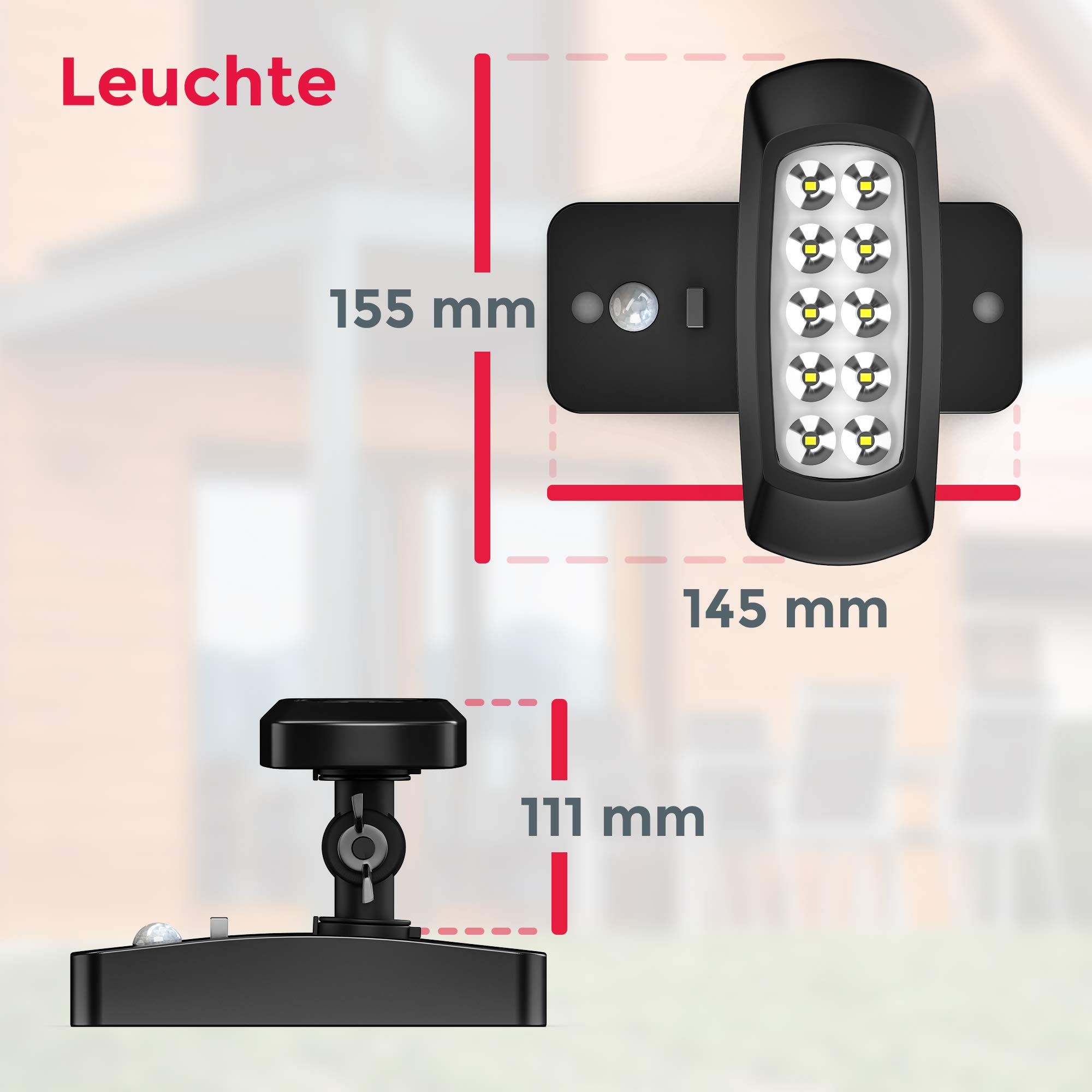 B.K.Licht Zewnętrzna lampa solarna LED IP44, czujnik ruchu PIR, projektor ścienny do domu, tarasu, balkonu, czarny, ochrona przed zachlapaniem, zimne białe światło 6500K