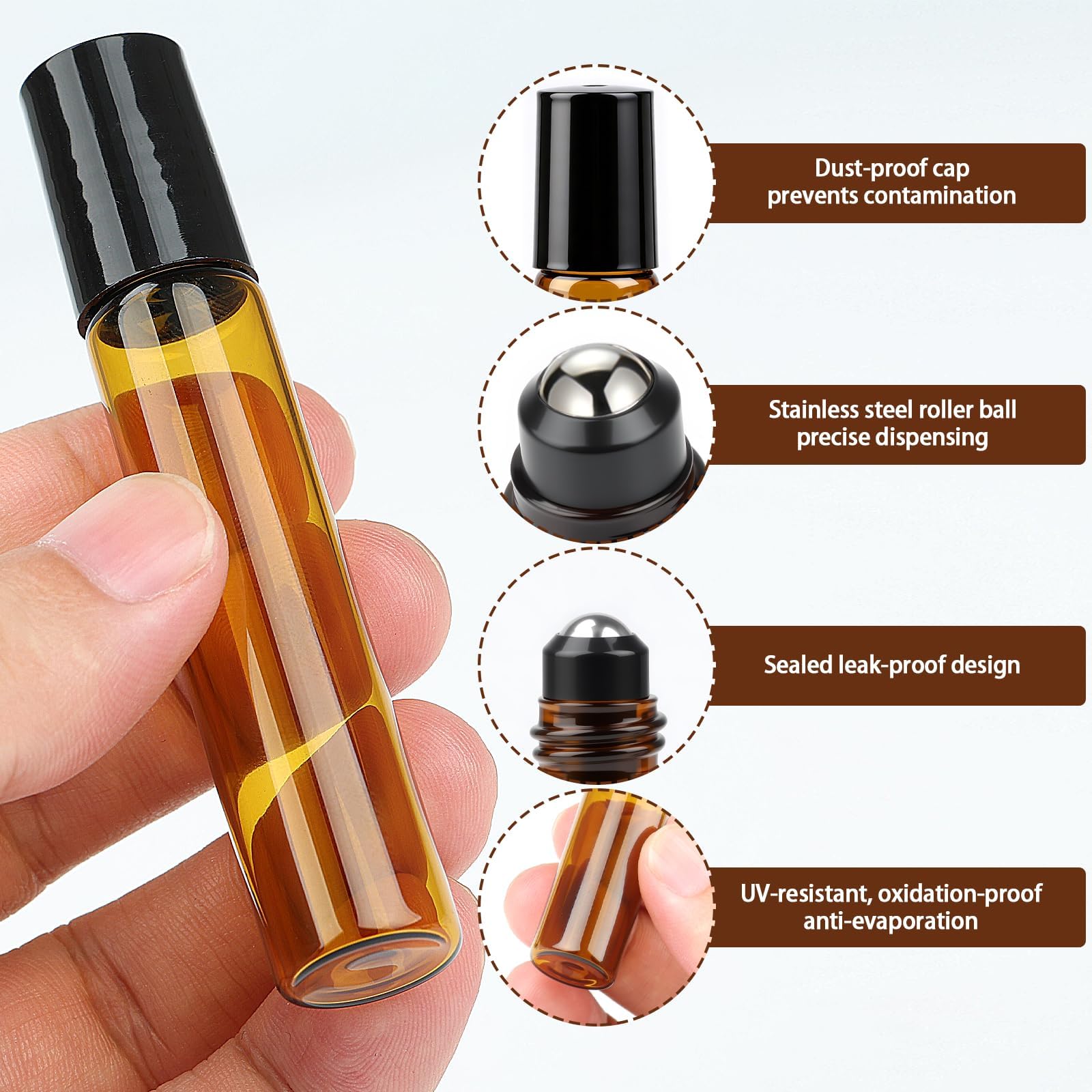 Roll on butelka pusta 10 ml, rolka na olejki eteryczne, akcesoria, 10 sztuk, odporne na promieniowanie UV, do wielokrotnego napełniania, szklane butelki roll-on z kulką ze stali nierdzewnej