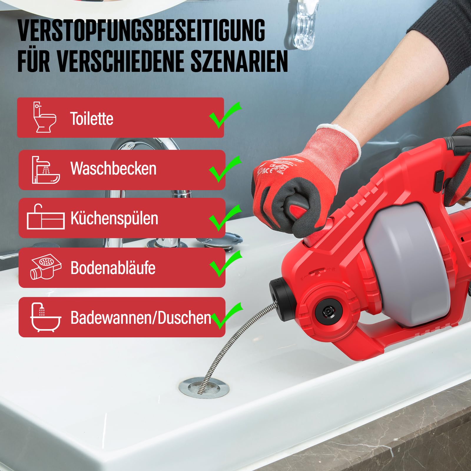 POPULO Kabellose WC-Rohrreinigungsspirale 20 V, 7,6 m, mit Führungsrohr