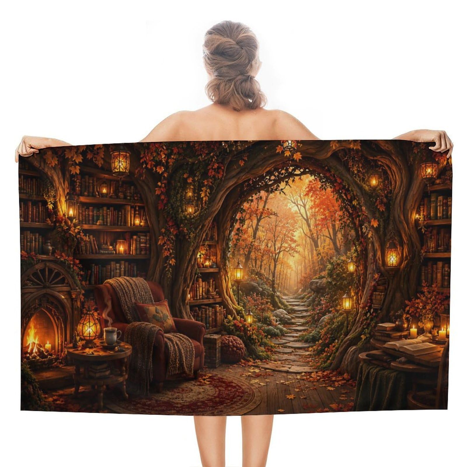 Anceky Enchanted Library Autumn Path Oversized Beach Towel Quick Dry Sand Free Microfiber Travel Towel Lightweight Multi Purpose Beach Blanket Pool Gym Bath Towel 51x31 in