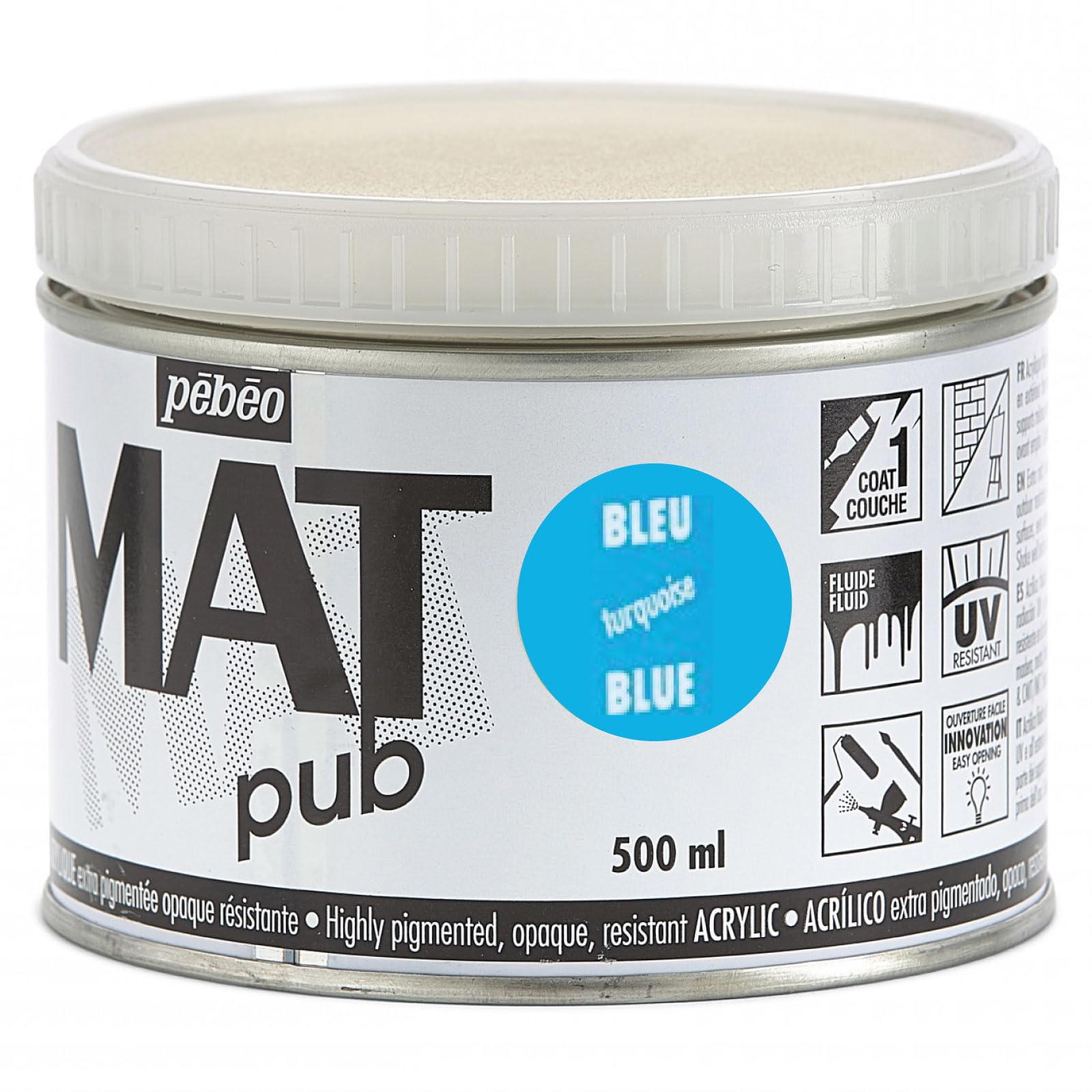 Pebeo - Mat Pub - Wyjątkowo cienka i bardzo matowa farba akrylowa - turkusowy niebieski -500ml