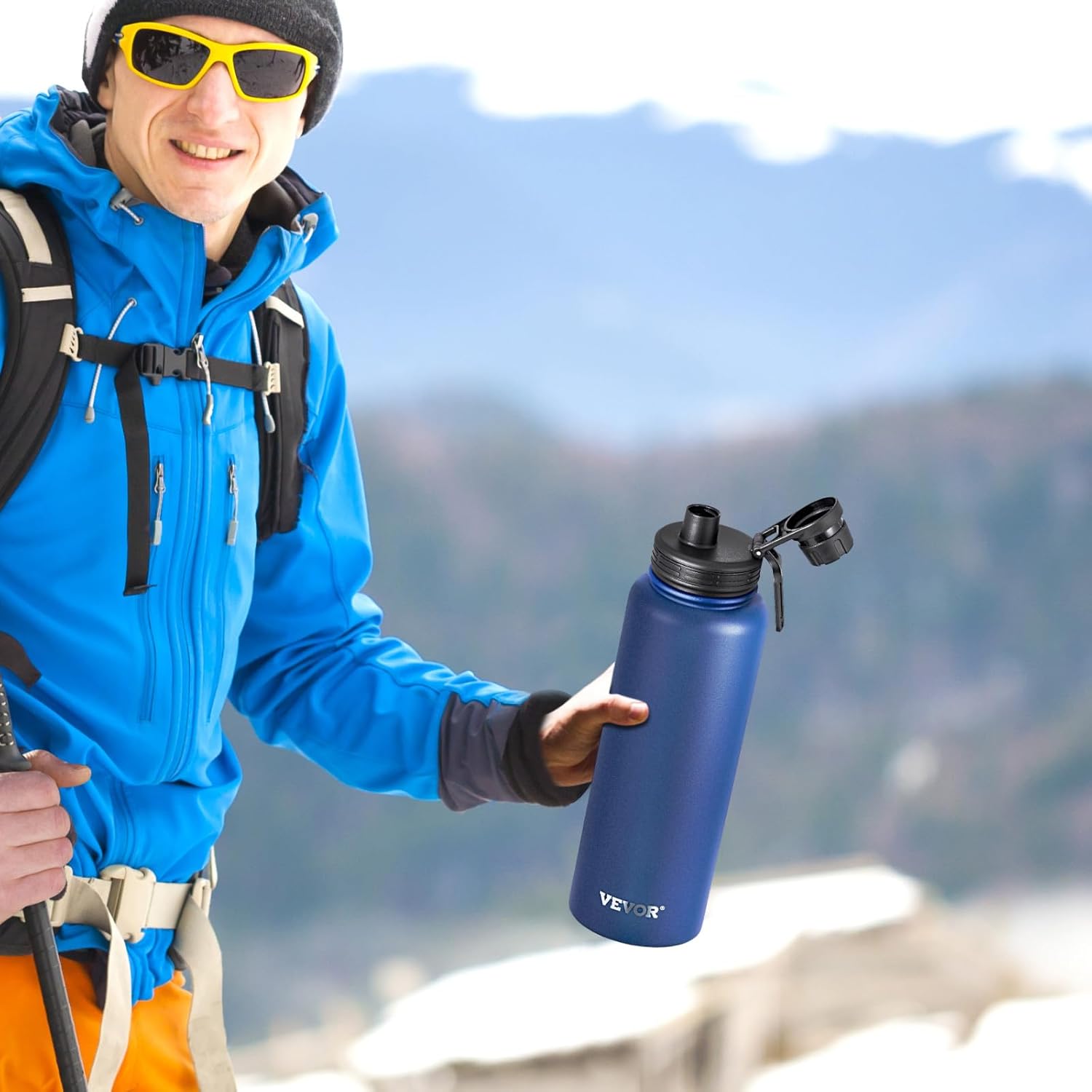 VEVOR 40 oz Insulated Water Bottle, Stainless Steel Camping & Hiking Hydration Flask with Wide Mouth Lid, Sports Coffee Cup Double Walled, Leakproof, for Indoor/Outdoor Use,Blue