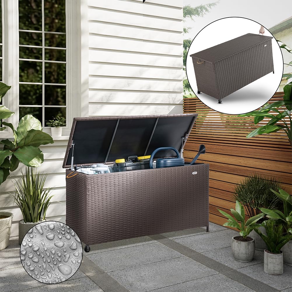 BAKAJI Coffre de rangement de jardin en polyrotin 420 litres, boîte d'extérieur imperméable résistante aux rayons UV, coffre XXL avec roues pour transport et poignée, 121 x 55 x 60 cm (marron)