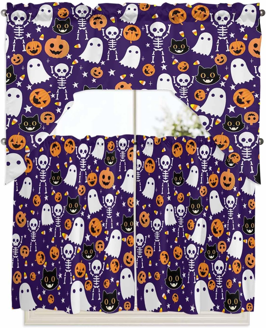 Halloween Pink Kitchen Curtains and Valance Set,Black White Ghost Orange Skull Pumpkin Short Swag Tier Curtain 36 Inch Length for Cafe Bedroom Bathroom Drapes 3 Piece Rod Pocket Window Treatment