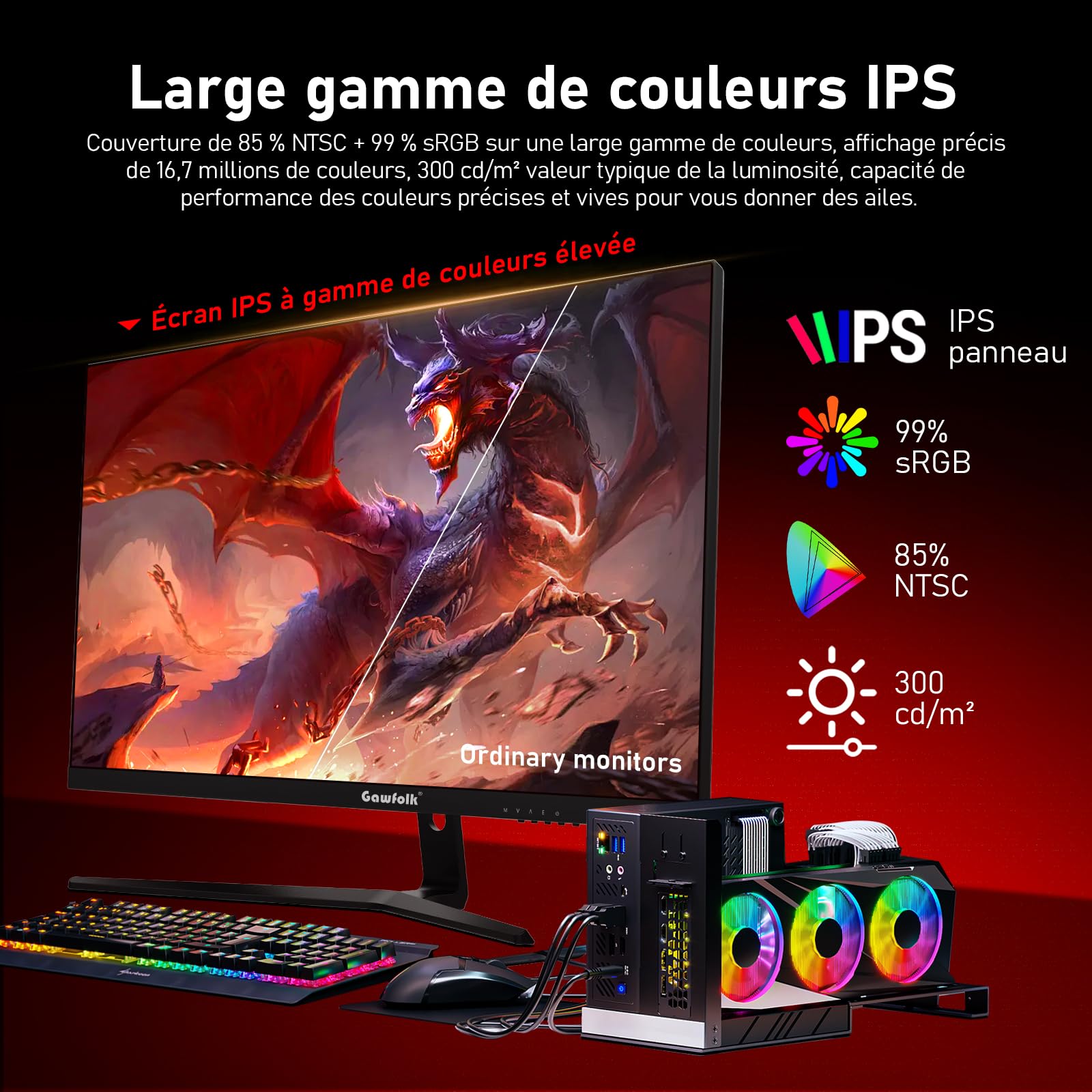 Gawfolk Monitor PC da gaming IPS, 27 pollici, 2K QHD (2560 x 1440P), 144 Hz, Bezel-less 1ms, 99% sRGB, grandangolo da 178°, HDMI, DisplayPort, compatibile con attacchi a parete VESA 100 x 100 mm, nero