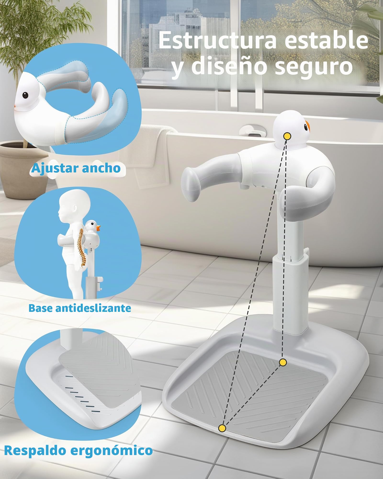 Altura ajustable para la bañera de bebé con asiento: ducha de pie con asiento para niños a partir de 6 meses – Base antideslizante y diseño de pato ayuda a la ducha infantil