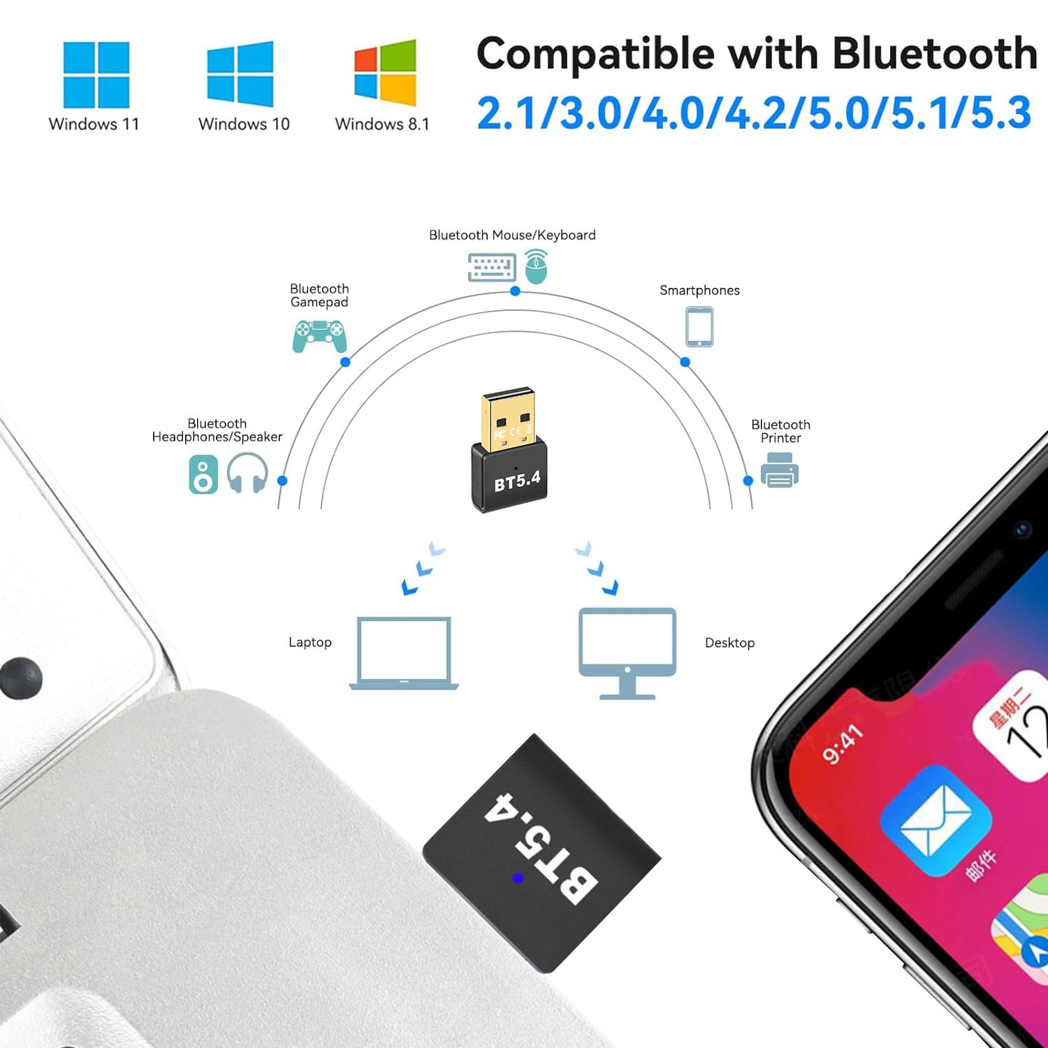 Adattatore Bluetooth 5.4 USB Per PC - Chiavetta Plug-and-Play Per Windows