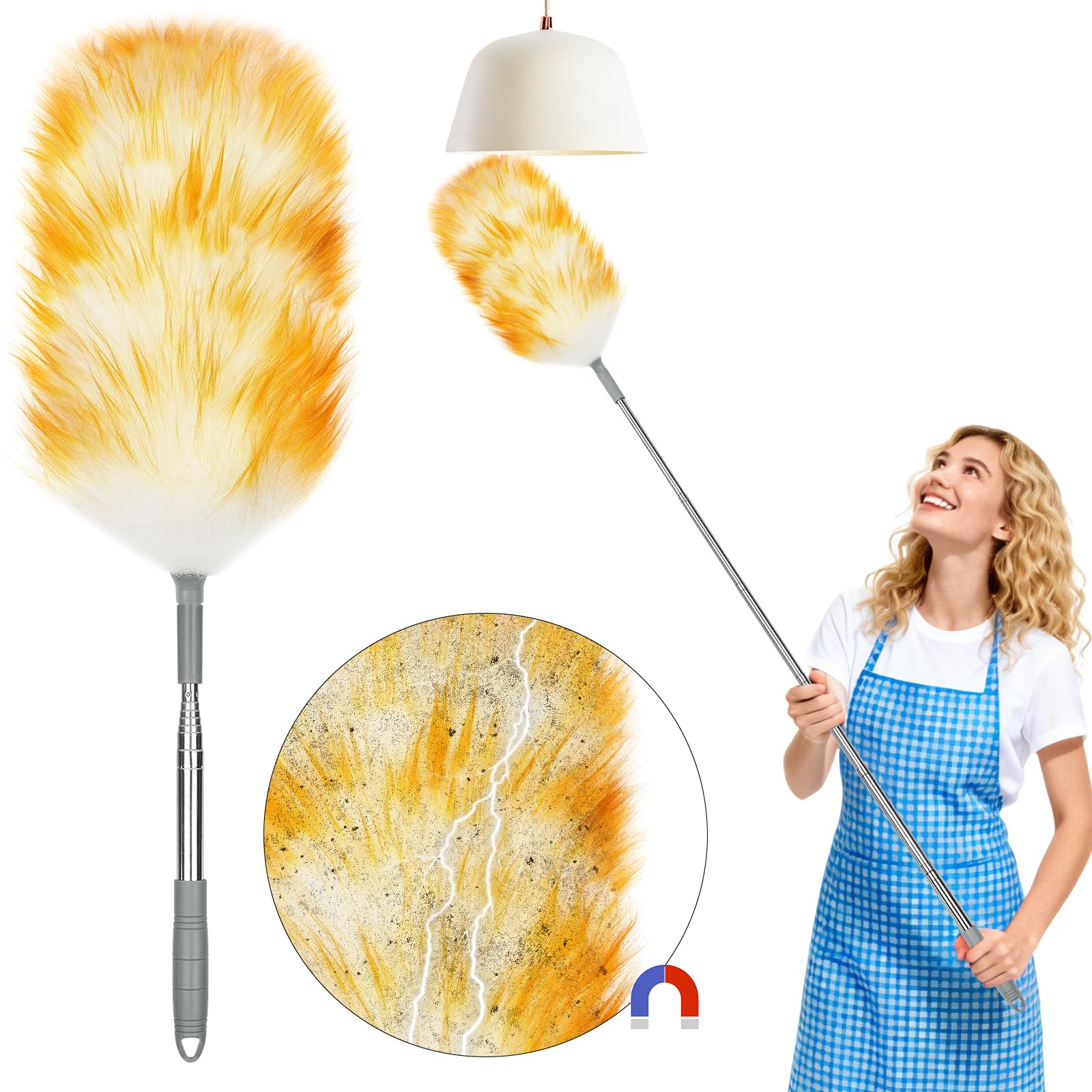 Vicloon Wełna pułapka na kurz, łapacz kurzu z mikrofibry 54-120 cm wysuwany regulowany zmywalny naturalny puszysty ręczny miotełka wielokrotnego użytku do żaluzji mebli samochodowych uchwyt ze stali