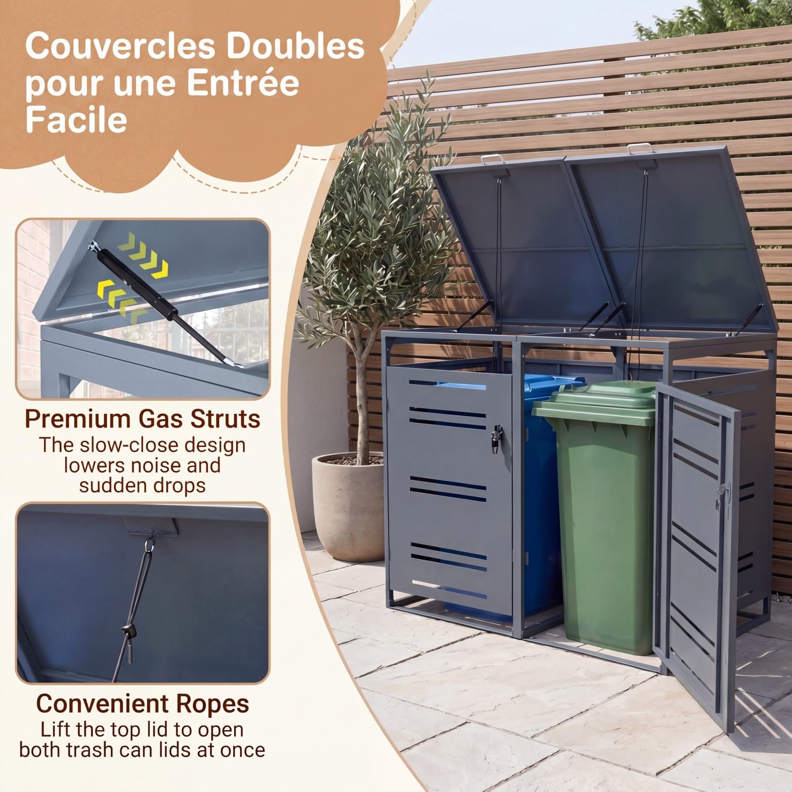 GYMAX Cache Poubelle Extérieur en Métal, Abri Double pour 2 Poubelles de 240 L, Porte Verrouillable, Couvercle Ouvrable, 132 x 80 x 117 cm, pour Jardin, Pelouse, Terrasse (Gris)