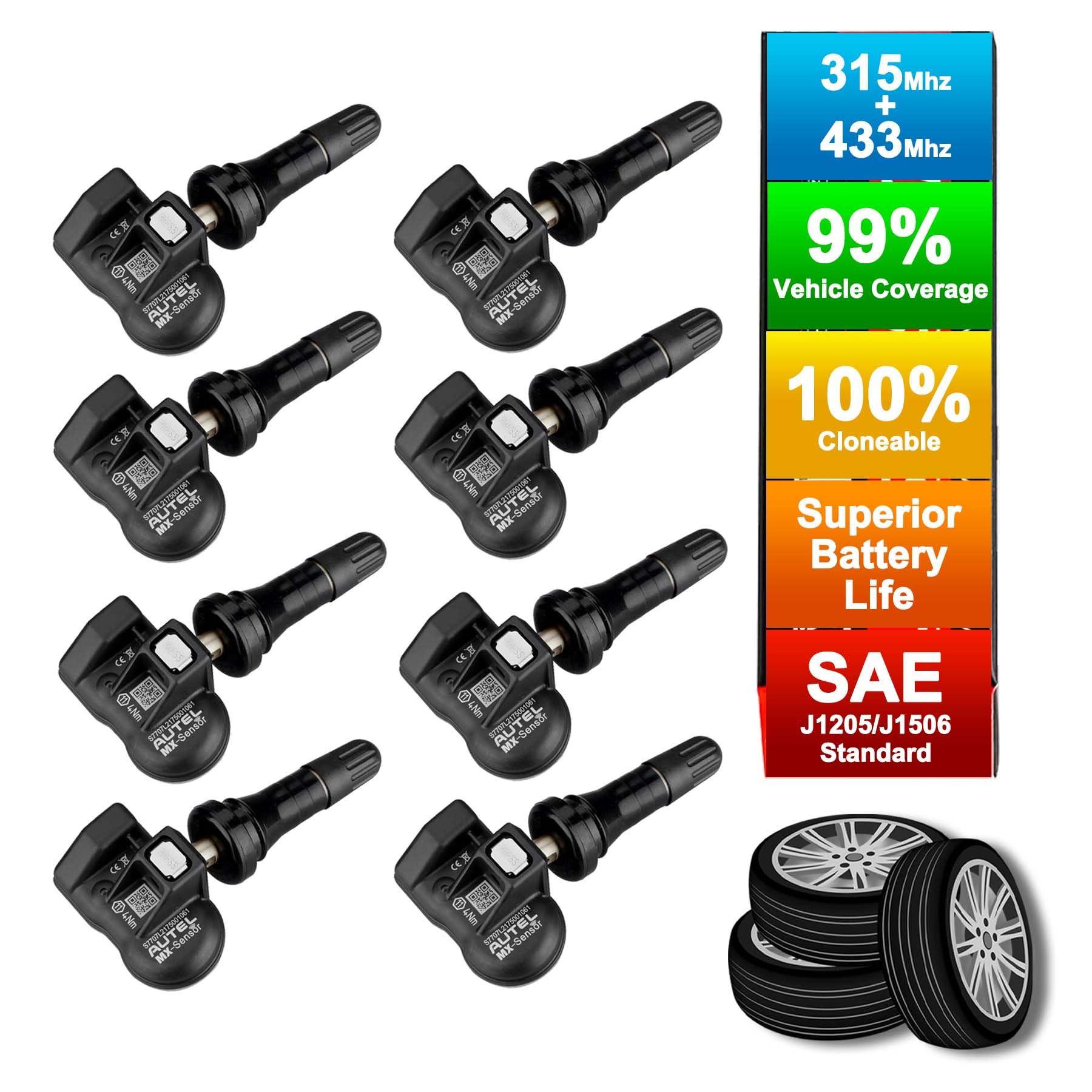 Autel TPMS Sensors, Programmable Mx Sensor for Tire Pressure,315MHz + 433MHz,Press-in OE-Level(8 pcs, Rubber valves) Programmed by TS508 TS408 TS508WF