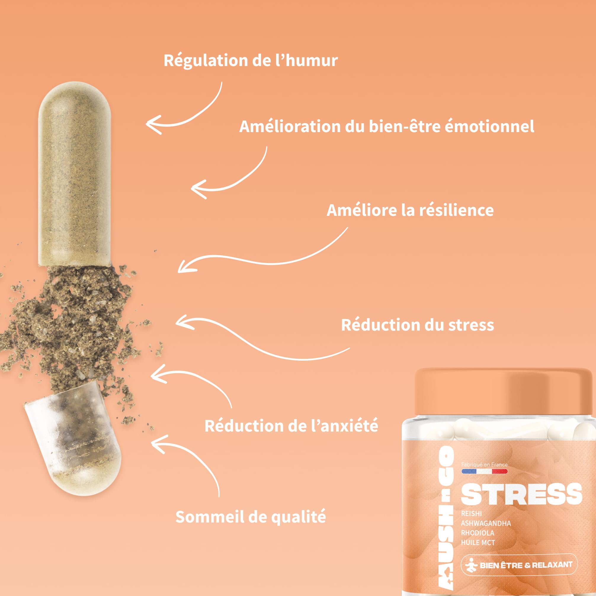 Stress & relaxation - Reishi, Ashwagandha, Rhodiola, huile MCT - fabriqué en France - vitamines & minéraux - vegan, sans gluten - 30 gélules