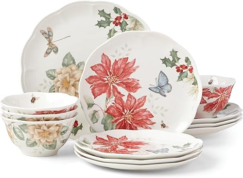 Lenox Butterfly Meadow Holiday - Juego de vajilla de 12 piezas, 16.60 libras, rojo y verde