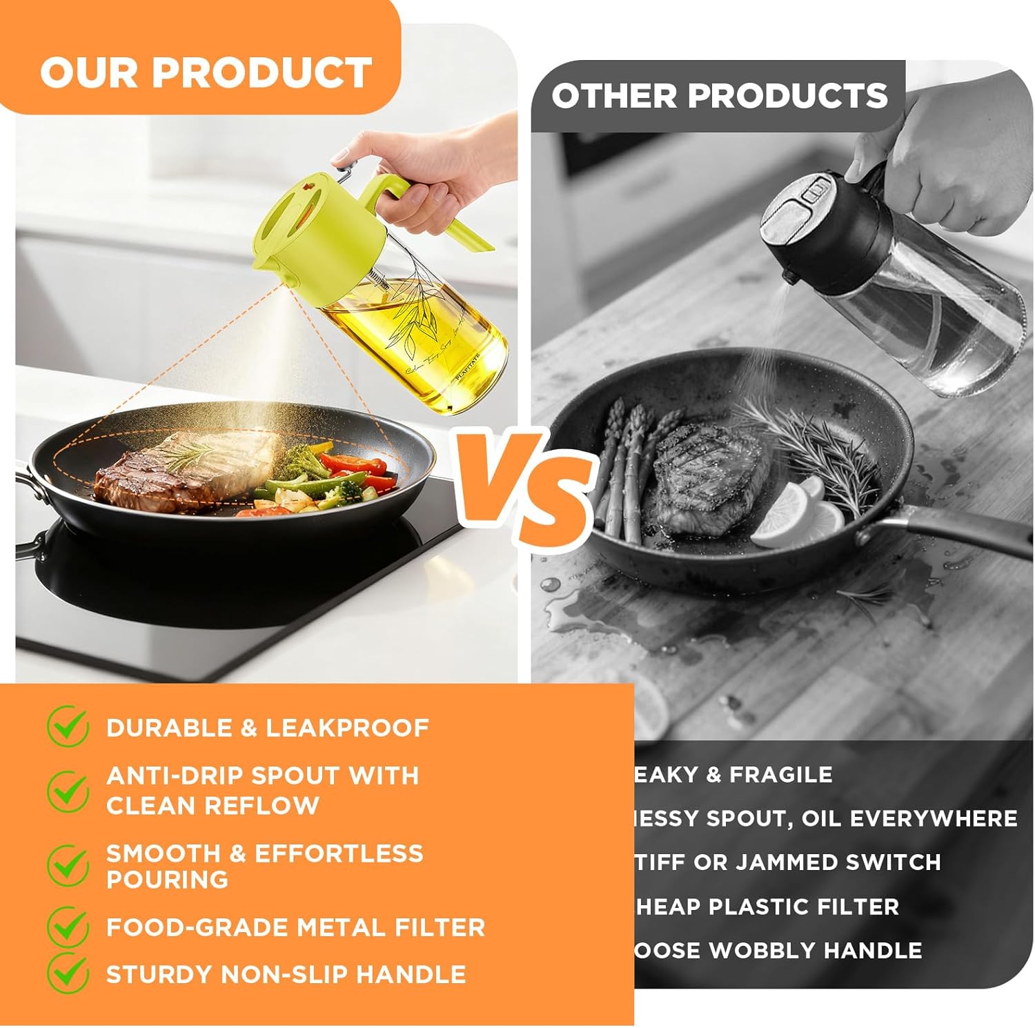 2Pcs 17oz Premium Olive Oil Sprayer for Cooking, 2 in 1 Glass Olive Oil Dispenser Bottle for Kitchen Gadgets, Spray Bottle with Portion Control for Salad, Frying, BBQ (Black & Lime Yellow)