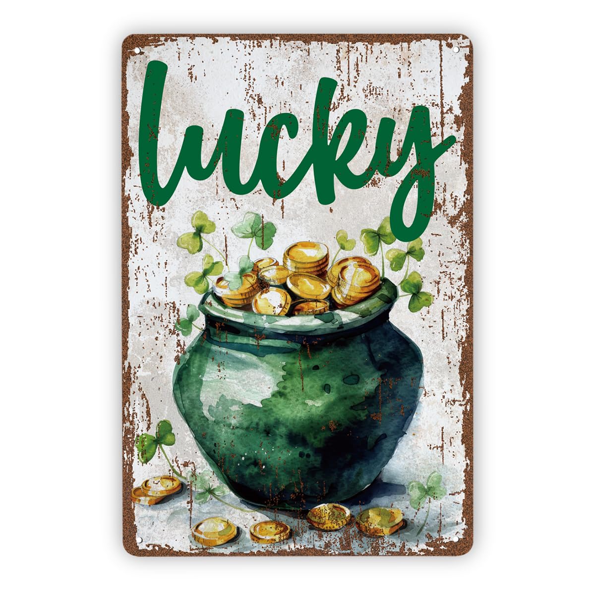 Lucky Pot Of Gold Metal Tin Sign, St. Patrick’S Day Wall Art, Shamrocks And Gold Coins For Bar, Pub, Kitchen, Farmhouse – Vintage Irish Decor Metal Tin Sign 8X12 Inch