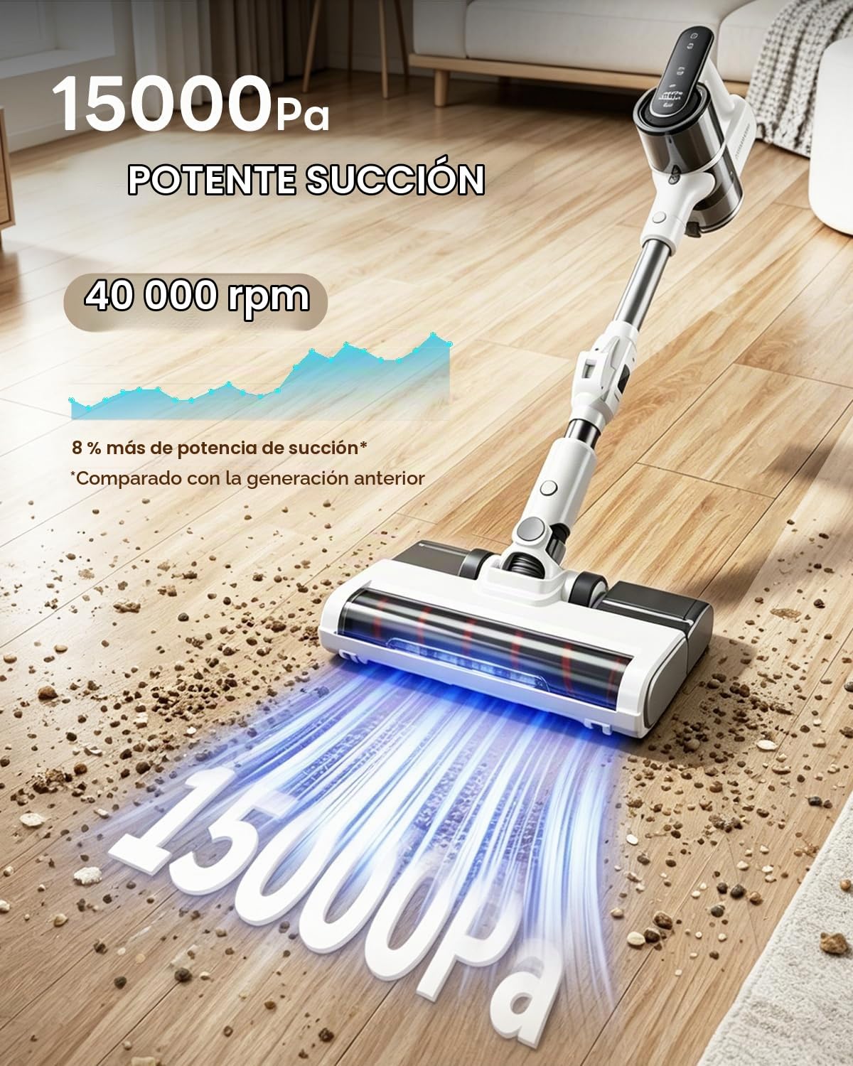Aspiradora sin Cable, 15000Pa/40000RPM/30Min, Aspiradora y Fregona Autoportante con Tubo Plegable, Luz Verde, Filtración Antialérgica, para Pelo de Mascotas, Alfombras, Suelos Duros, Coche