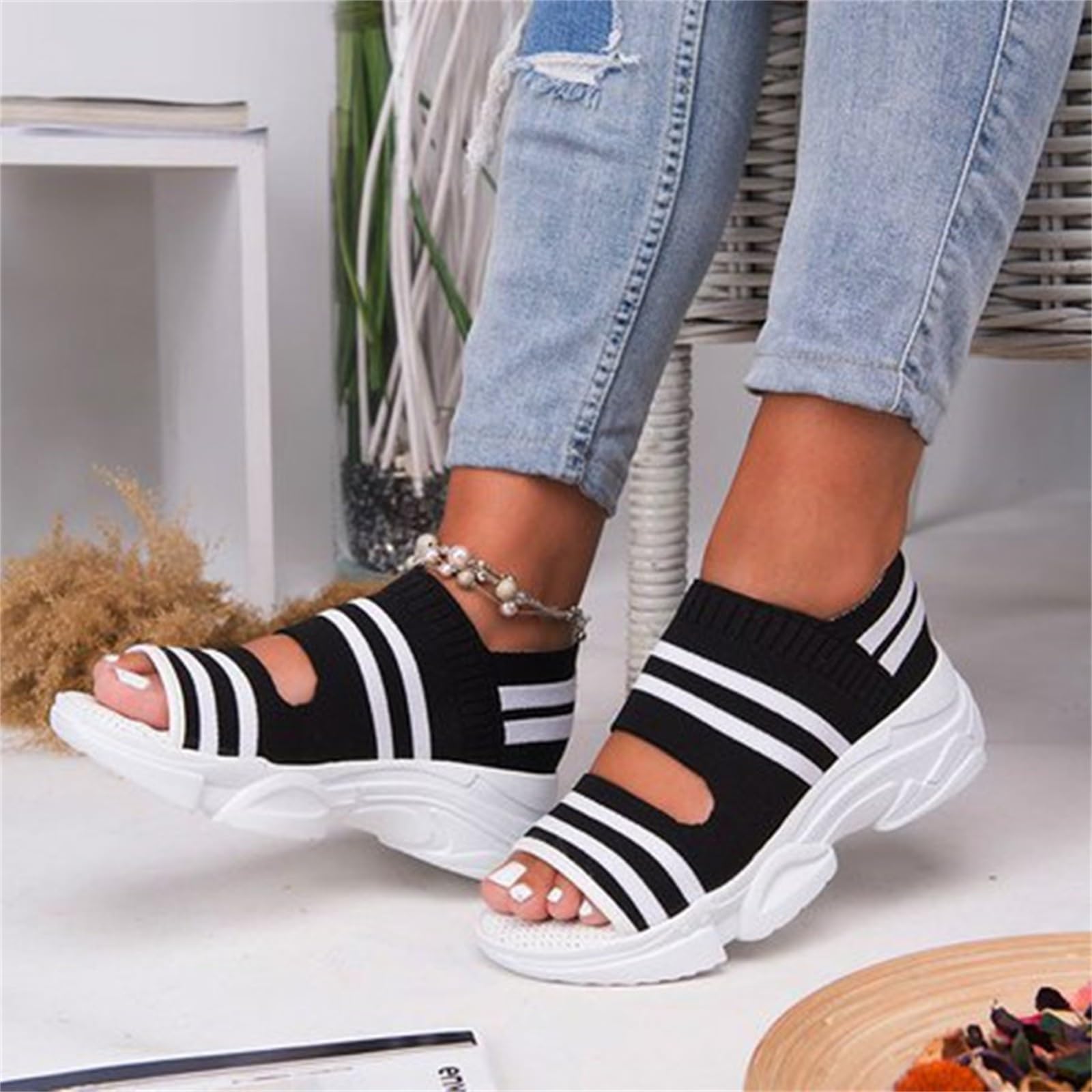 DEEBOW Women Knitting Mesh Sandals Summer Elastic Ankle Strap Slip on Wedges Sandals Ladies Wide Fit Anti Slip Platform Sneakers Outdoors Breathable Open Toe Walking Shoes,Black,US6/EU37