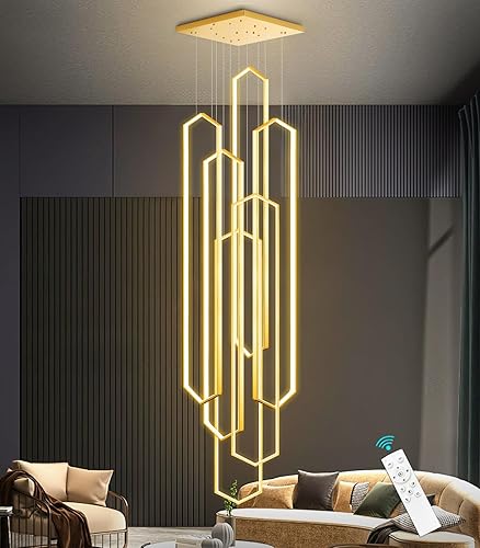 Miniatura 31 de Candelabro moderno de 6 anillos, luz LED dorada contemporánea para entrada de sala de estar, lámparas de techo alto regulables con control remoto