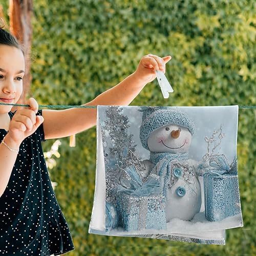 Miniatura 6 de Pfrewn Juego de 2 toallas de mano con diseño de muñeco de nieve de invierno, conos de pino de copo de nieve, color azul, toalla de baño de Navidad
