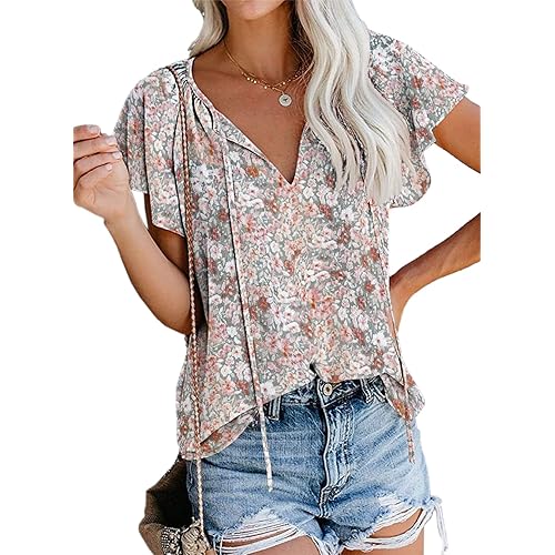 SimpleFun Women's Boho Tops Floral V Neck Short Sleeve Summer Blouse Shirts