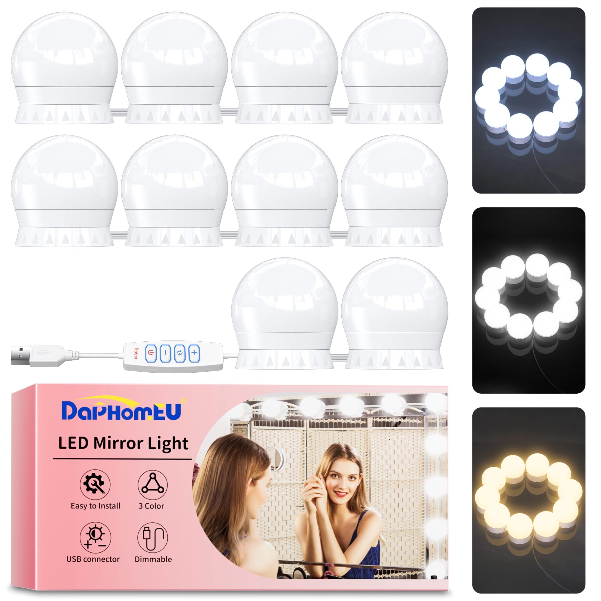 daphomeu Aktualisierte Version LED Spiegelleuchte 3 Farbe, Dimmbar Schminklicht, Schminktisch Leuchte, Makeup Lampe, Make Up Licht, Spiegellampe für Kosmetikspiegel, Badzimmer Spiegel