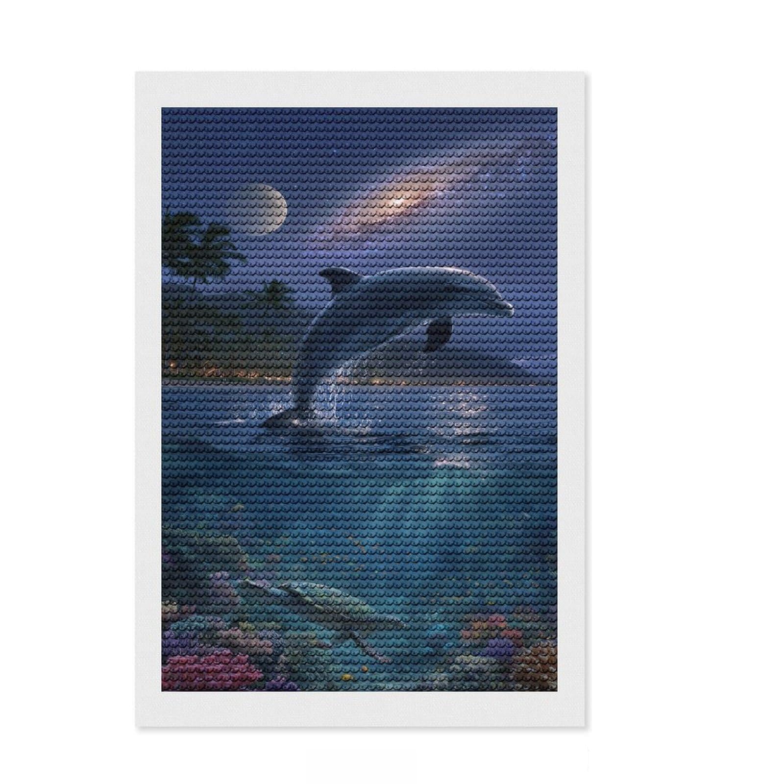 Junmoney Dolphin Leap & Coral Life Diamond Art Canvas 8"x12", Adhesive Canvas, Calming Craft to Unwind, Boho Decor, Birthday Gift, Easy to Enjoy