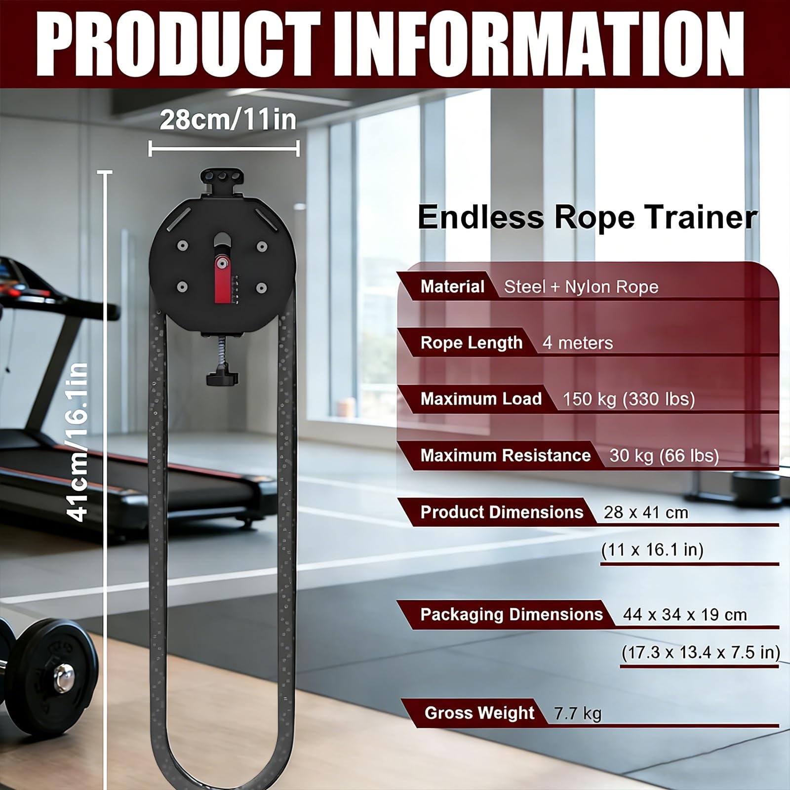 Máquina Cuerda Sin Fin para Gimnasio en Casa: Accesorio de Cuerda Ajustable para Tríceps con Capacidad de Carga de 150 kg y Resistencia Máxima de 30 kg para Entrenamiento de Completo(Red)