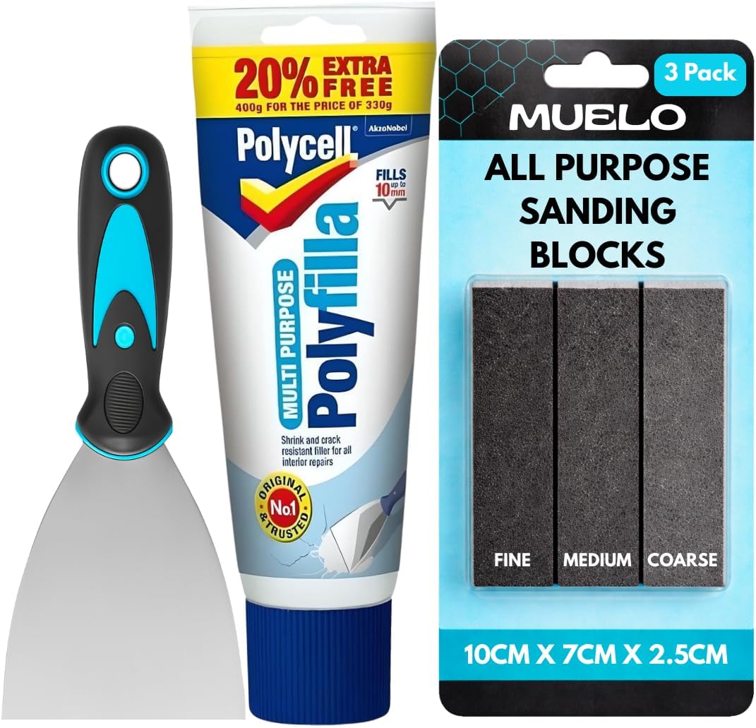 Polycell Polyfilla Ready Mixed Tube 396g All Purpose Filler Interior Exterior Plaster Wood Stone Cracks Holes Smooth Paste For Walls With Muelo Metal Wall Scraper Tool 3" & 3 Mixed Grit Sanding Blocks