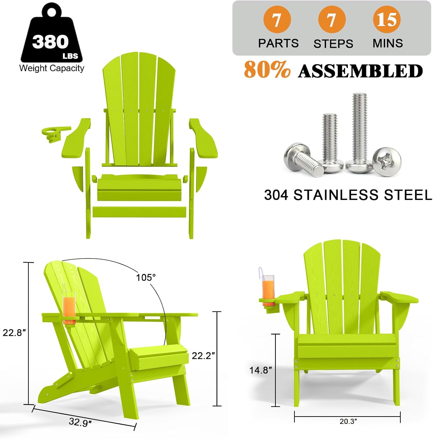 Folding Adirondack Chairs with Cup Holders, Set of 4 HDPE Plastic Outdoor Chairs, Weather Resistant, Real Wood Look, Heavy-Duty Patio Furniture for Deck, Fire Pit, Backyard, Apple Green