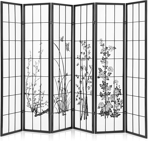 MoNiBloom Divisor de habitación plegable de madera floral con 6 paneles de 57 pies pantalla Shoji de privacidad independiente portátil para oficina