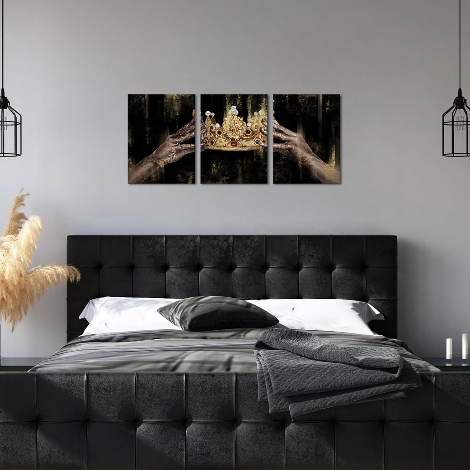 Apicoture Black and Gold Crown Wall Art African American Queen Coronation Framed Inspirational Canvas Art Pictures or Bedroom Living Room Wall Decor 12"X16"X3 Panel