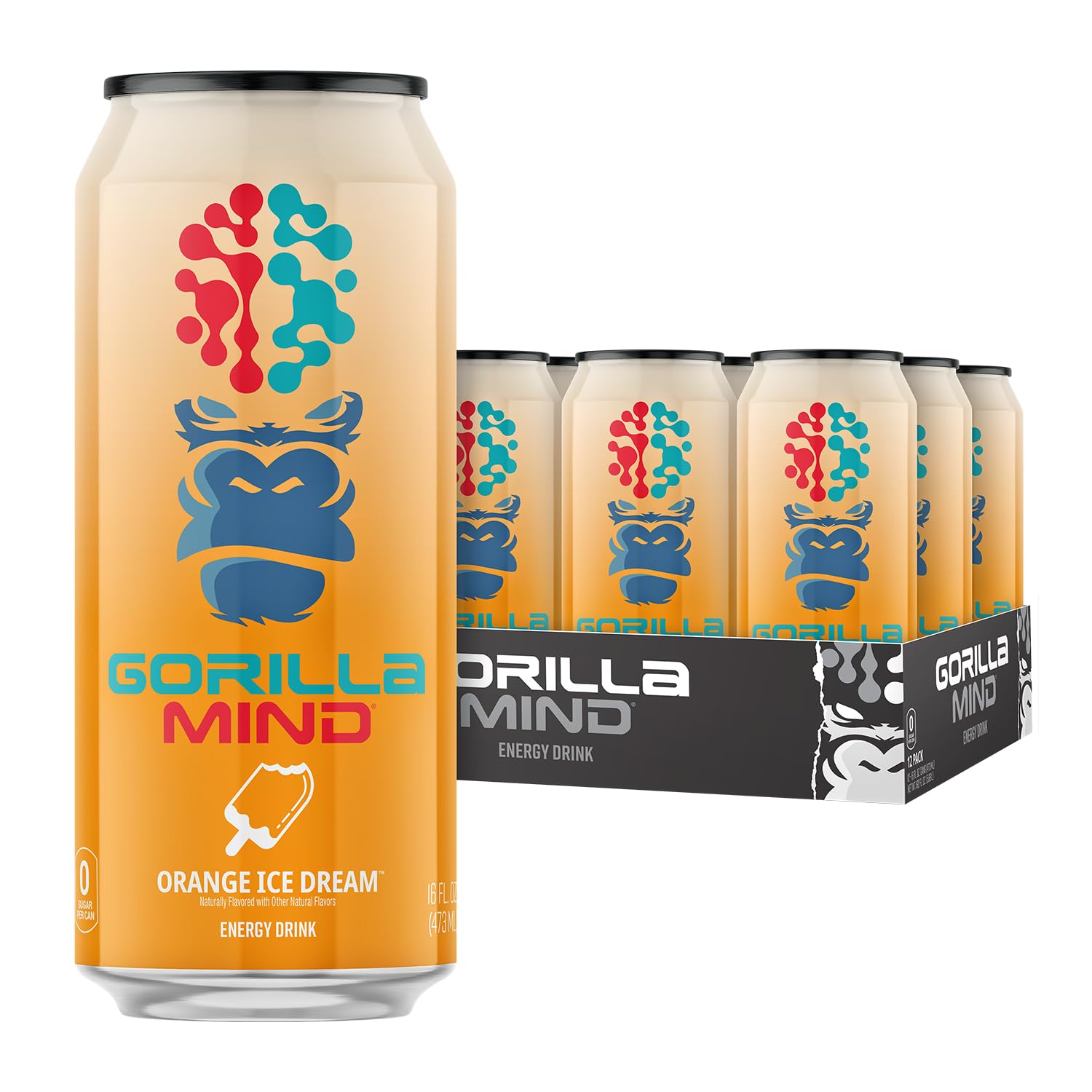 Gorilla Mind Energy Drink | Unmatched Energy · Amplified Focus | N-Acetyl-L-Tyrosine, Alpha-GPC, 200mg Caffeine, Uridine, Saffron | 0 Sugar Or Artificial Colors | 16oz, 12-Pack (Orange Ice Dream)