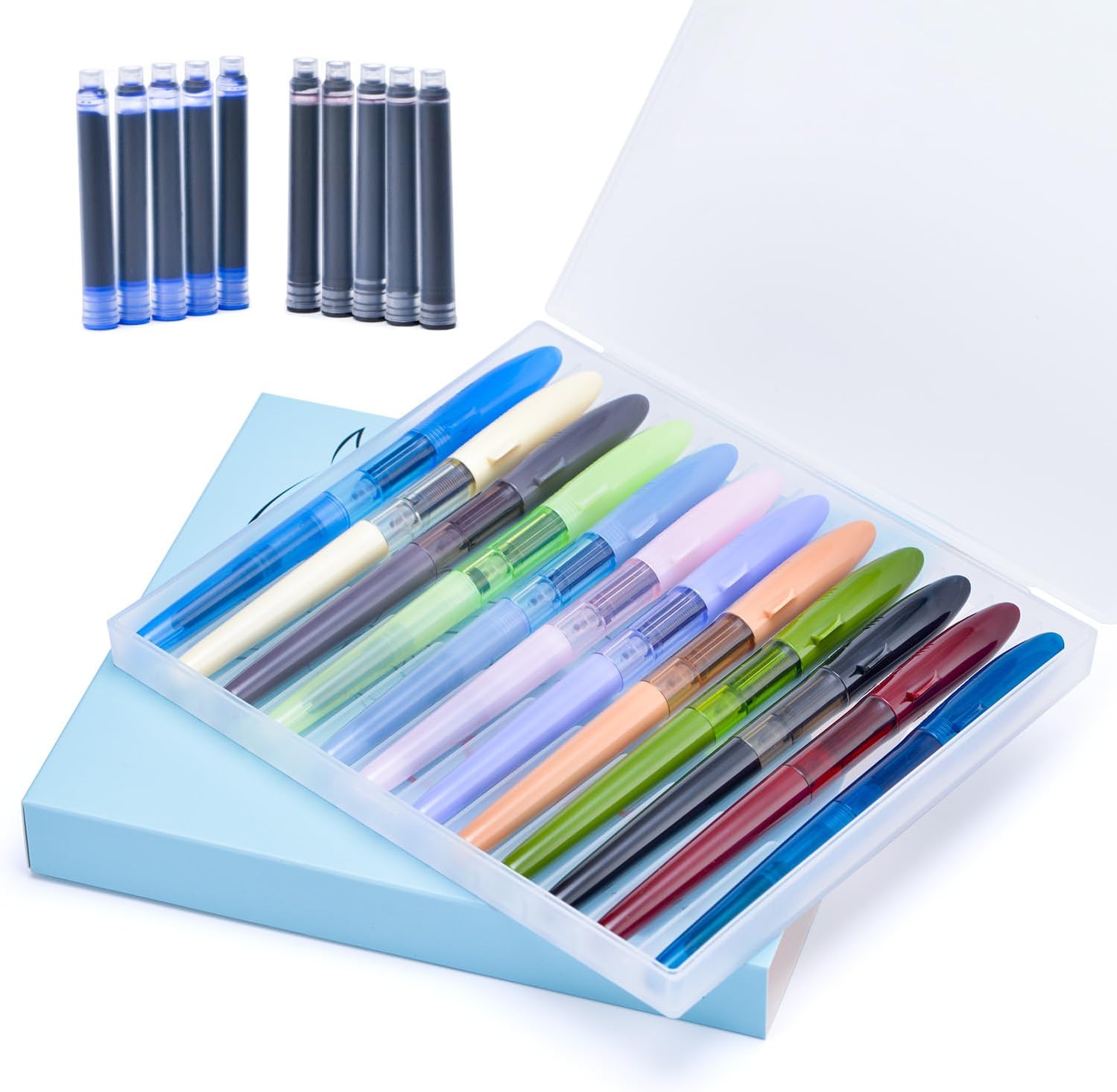 12 PCS Jinhao Mako Fountain Pen Fine Nib with 10 Cartridges (5 Black+5 Blue) Diversity Color Lot Shark Pens Case Set with Refillable Converters