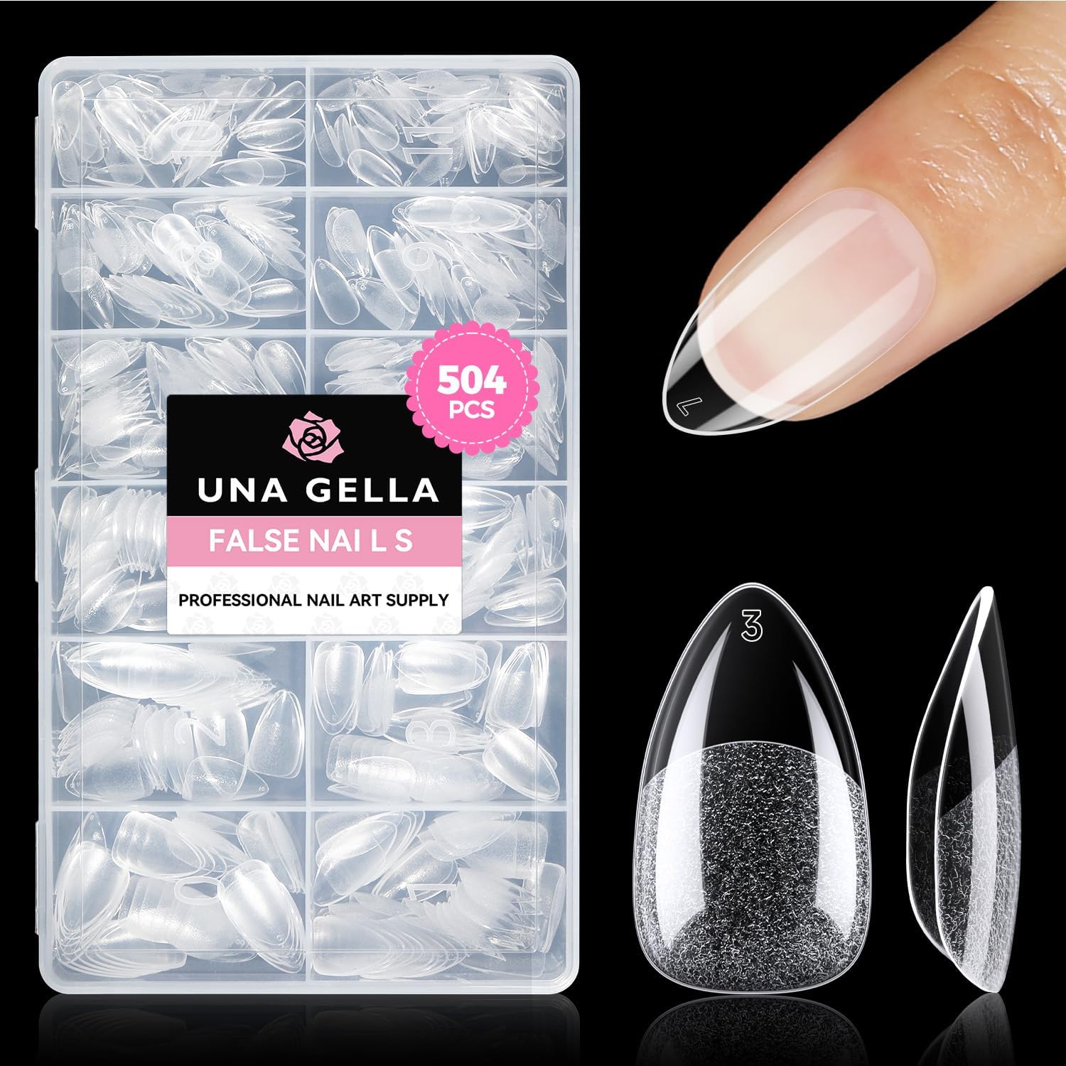 UNA GELLA Kurze Mandel Nail Tips, 504 Stück Nageltips Almond Tips für Gelnägel Soft Gel Nagelspitzen Full Cover Nails Tips für Acrylnägel, Nagelkunst & DIY Nagelstudio zu Hause 12 Größen