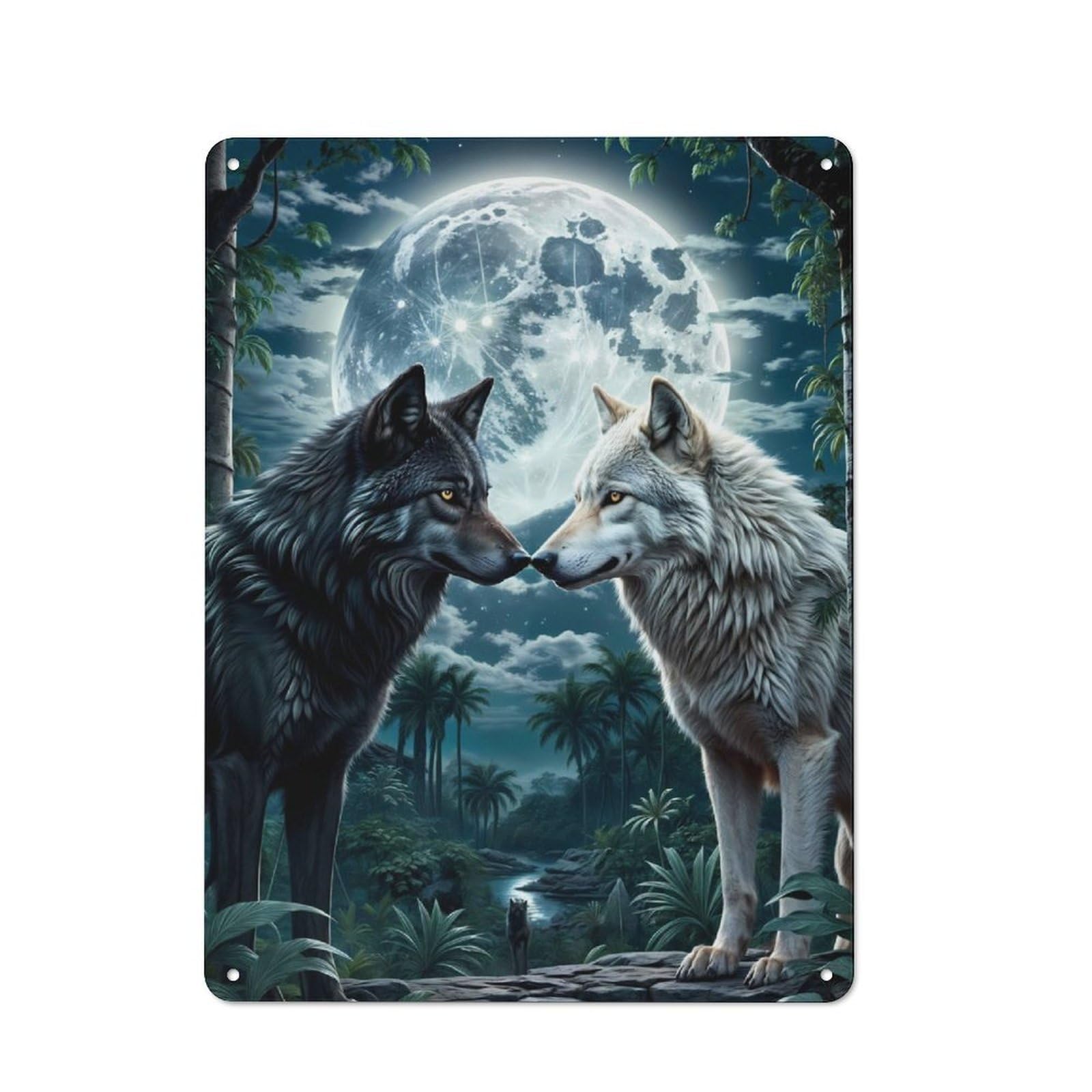 Industrial Tin Wall Sign 40x30cm Featuring Two Wolf in Forest Moon, Urban Room Decor for Workspace, Cafe, Hallway Or Garage